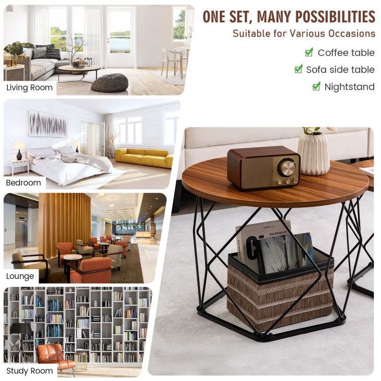 Set of 2 modern round coffee tables with pentagonal steel base in rustic brown, ideal for living room or lounge use.